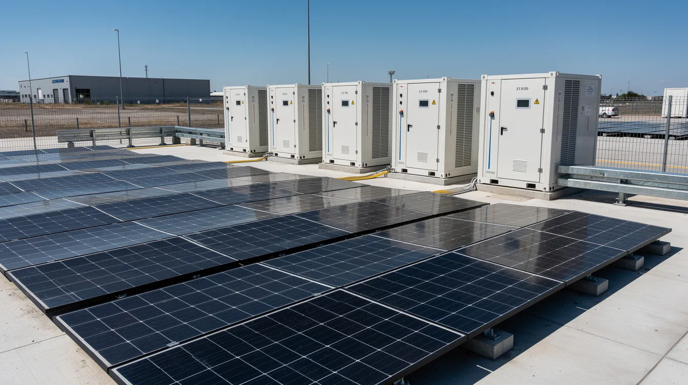 The image depicts a solar panel array alongside battery storage units at an industrial facility, all set against a clear blue sky, highlighting the advancements in renewable energy and energy storage solutions. This scene reflects the growing emphasis on energy efficiency and innovative energy solutions within the renewable energy industry.
