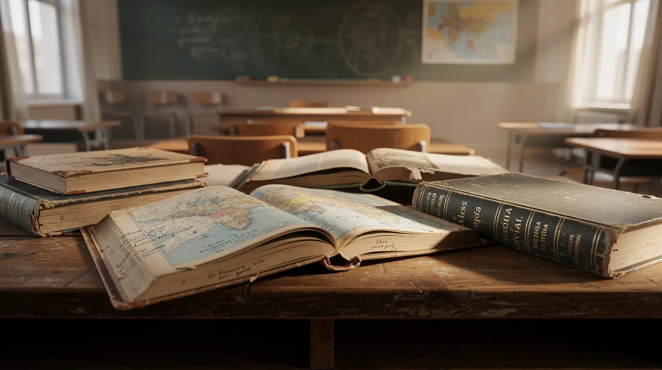 Na drewnianym biurku w klasie szkolnej leżą stare książki i atlasy, które mogą zawierać informacje na temat II wojny światowej, w tym wydarzenia takie jak wkroczenie Armii Czerwonej na terytorium Polski. Obok książek znajdują się notatki, które mogą posłużyć do przygotowania się do sprawdzianu z historii dla klasy 8.