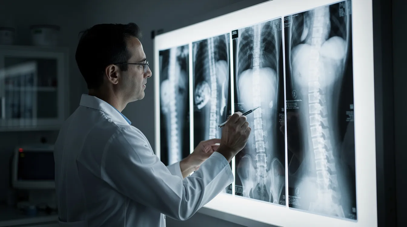 A medical professional is closely examining spinal X-ray images on a light board, analyzing the medical evidence to assess potential conditions that may affect a patient's ability to work. This review is crucial for understanding how chronic pain or other disabilities might qualify an individual for social security disability benefits.