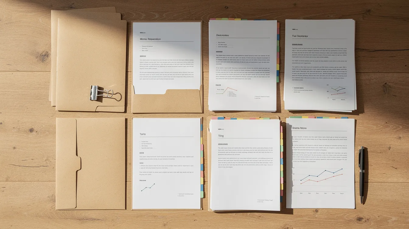 The image shows a neatly arranged collection of folders and documents on a wooden table, including bank statements, utility bills, and proof of identity, essential for the application process for a Mudra loan. This organized paperwork reflects the necessary details and documentation required for individuals seeking funding through small finance banks in India.