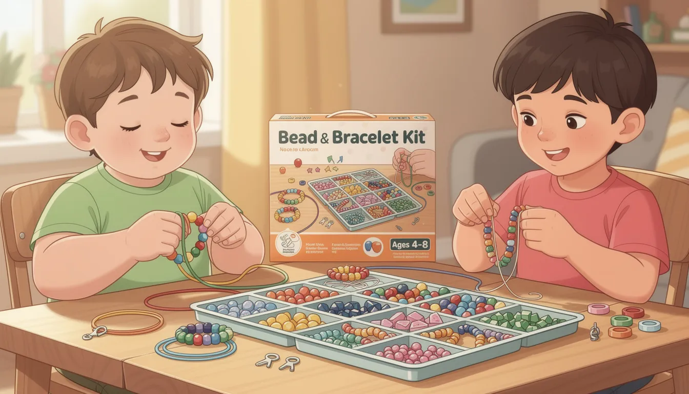 The image depicts a colorful children's jewelry making kit, featuring an array of vibrant beads in various shapes and sizes, alongside elastic string for creating personalized bracelets and necklaces. This engaging kit is ideal for younger children, encouraging creativity and the development of fine motor skills as they explore making their own accessories.