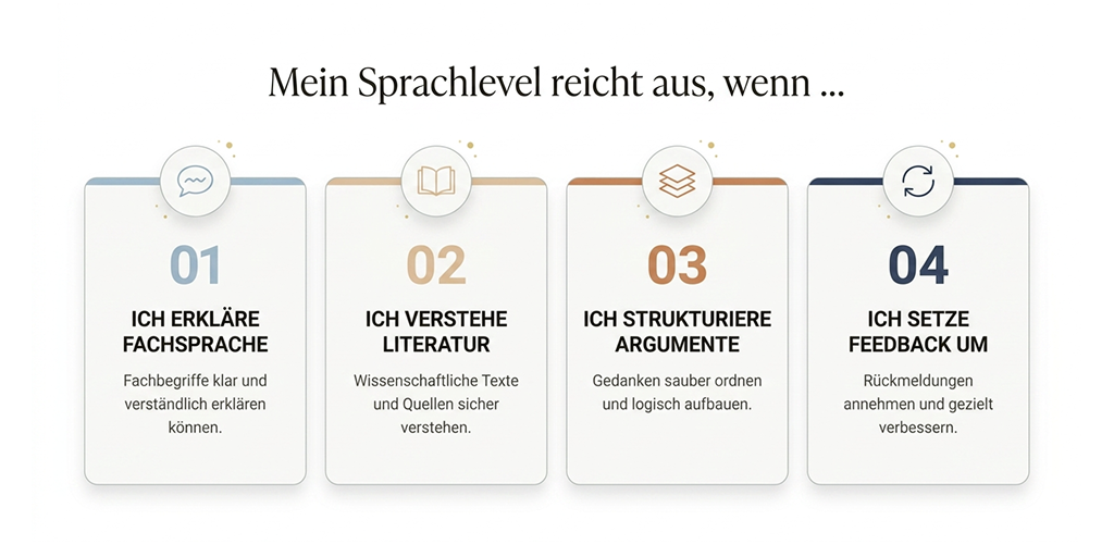 Vier Kompetenzbereiche für ausreichendes Sprachlevel bei wissenschaftlichen Arbeiten auf Englisch: Fachsprache erklären, Literatur verstehen, Argumente strukturieren und Feedback umsetzen