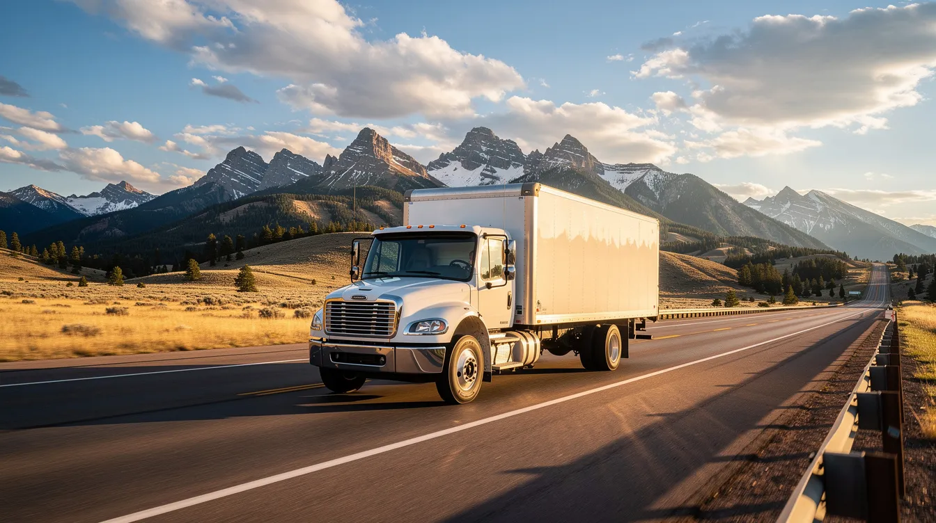 A delivery truck is driving along a highway, surrounded by the picturesque Colorado landscape featuring rolling hills and distant mountains. This scene highlights the essential role of delivery drivers, who may face risks on the road that could lead to personal injury claims or workplace injuries, emphasizing the importance of workers compensation insurance for their protection.