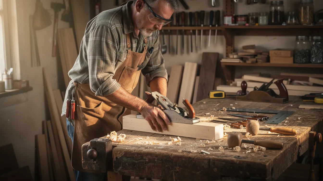 A carpenter is focused on his work at a small workshop bench, surrounded by various hand tools and wood pieces, showcasing the craftsmanship involved in micro enterprises. This scene highlights the importance of financial inclusion for small businesses through schemes like the Pradhan Mantri Mudra Yojana, which supports eligible borrowers in their entrepreneurial journey.