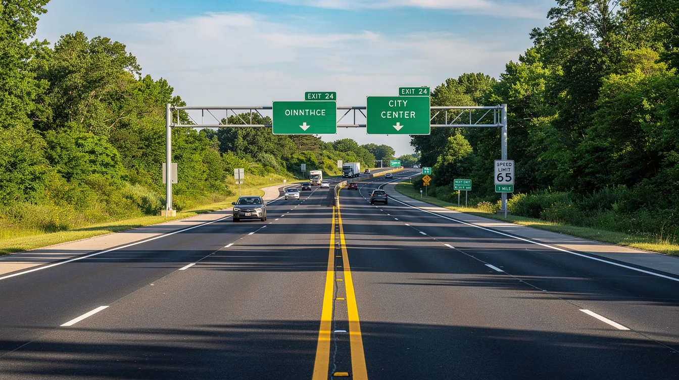 The image depicts a highway lined with green trees along the shoulder, featuring various road signs that guide drivers. This serene setting contrasts with the complex discussions surrounding gun laws, including New York's regulations on firearms and the responsibilities of gun owners under state law.