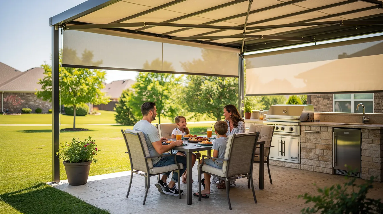 A luxurious suburban home in Oklahoma City features motorized drop-down patio shades and a retractable awning over an outdoor kitchen island, providing shade for a family enjoying lunch. The scene captures vibrant summer colors as the yard basks in bright sunlight, showcasing the benefits of high-quality awnings in enhancing outdoor spaces.