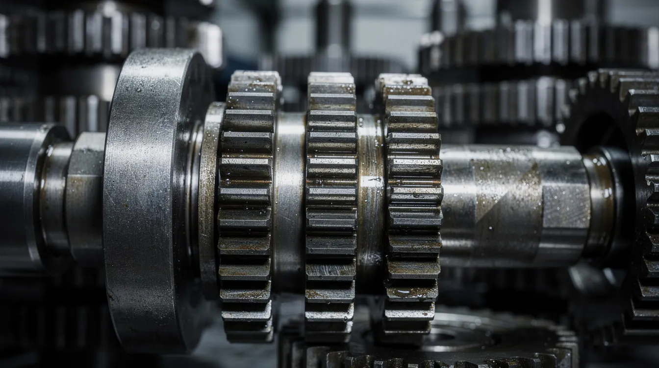 The image features a close-up view of interlocking metal gears and mechanical transmission components, showcasing the intricate mechanical systems that demonstrate principles of motion and force. This detailed composition emphasizes the mechanical knowledge and understanding essential in fields like auto mechanics and manufacturing.