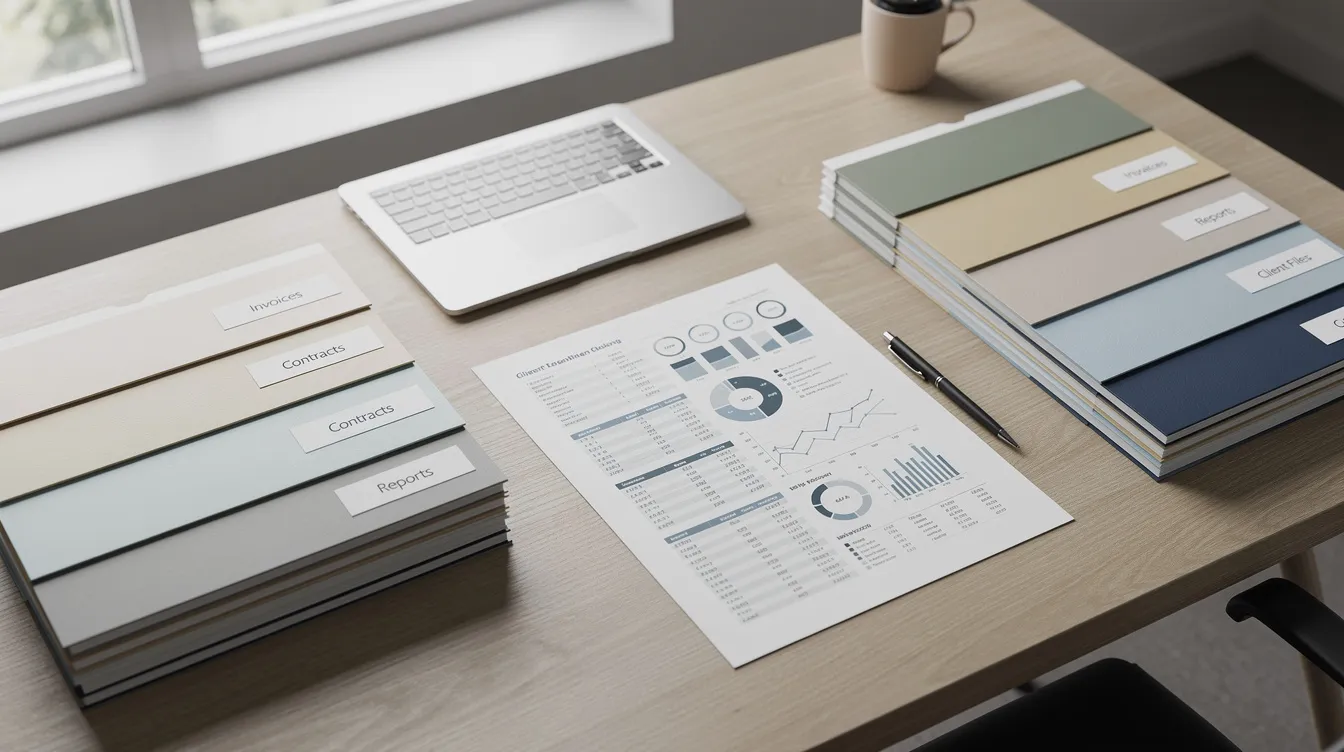 The image shows a neatly organized office table filled with business documents and folders, reflecting the administrative aspects of managing a business. This setup could be related to various financial assistance programs, such as mudra loans, where entrepreneurs prepare necessary documents for applying online to secure funding for their small enterprises.