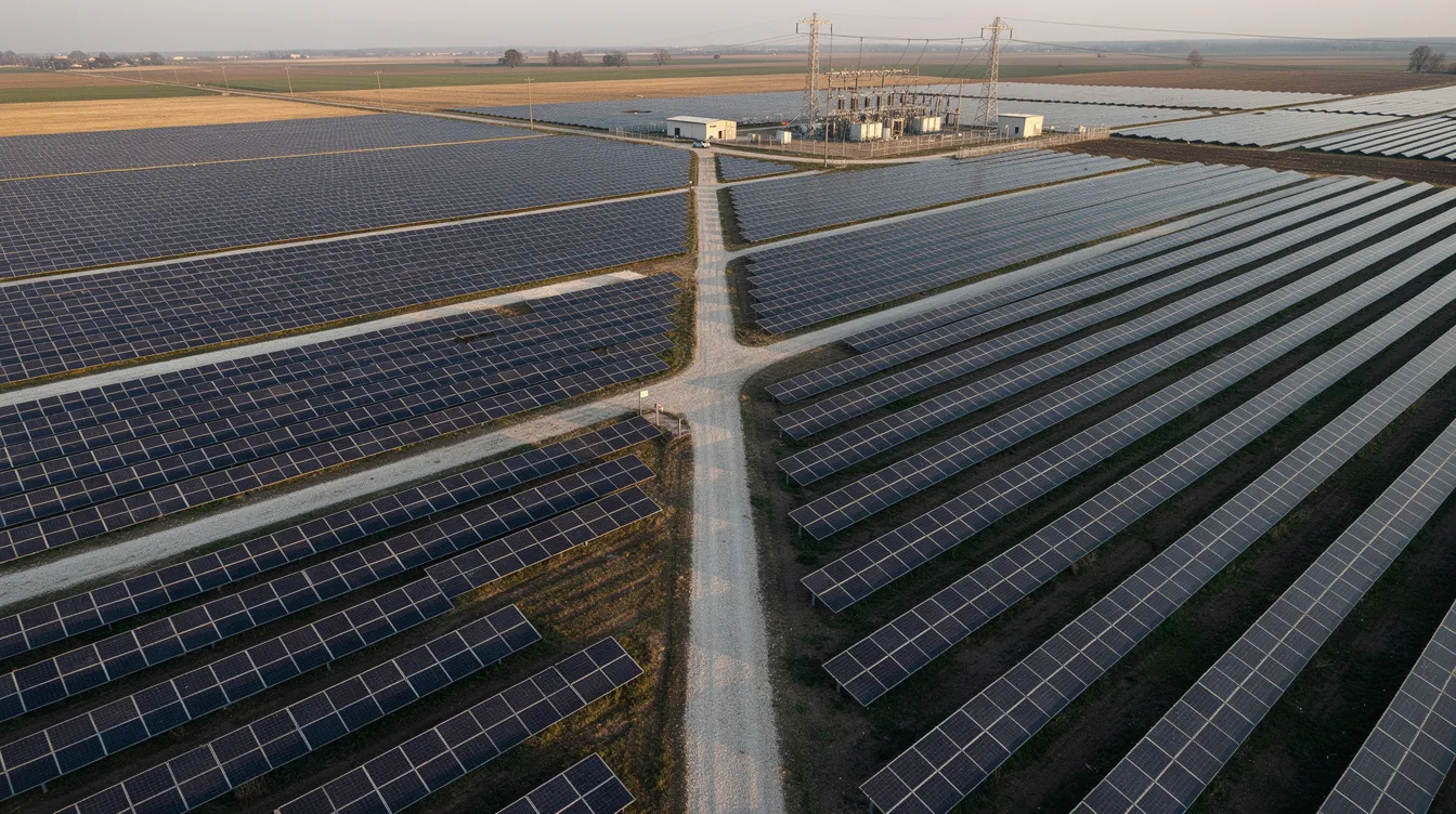 An aerial view showcases a large solar farm situated on flat agricultural land, with numerous solar panels arranged in neat rows, access roads facilitating movement, and a substation visible in the distance. This renewable energy project exemplifies the growing sector of solar energy, contributing to renewable energy generation and compliance with federal energy regulations.