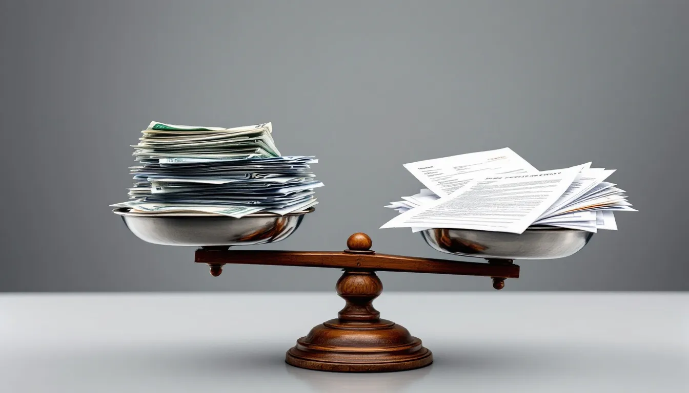 Liability: When Are You Responsible for Damage and How Do You Deal with It? 1 De afbeelding toont een gebalanceerde weegschaal met aan de ene kant geld en aan de andere kant documenten, wat symbool staat voor gerechtigheid en schadevergoeding in verband met aansprakelijkheid. Deze visuele representatie benadrukt het belang van het erkennen van aansprakelijkheid bij onrechtmatige daden en de compensatie die slachtoffers kunnen ontvangen.