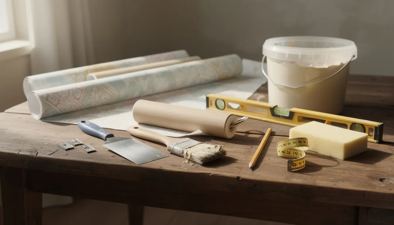 Woonkamer behang: inspiratie, tips en keuzehulp Op de werktafel ligt een uitgebreid assortiment gereedschap voor behangen, waaronder een kwast, een rol en een snijmes, klaar voor gebruik om een stijlvolle make-over van de woonkamer te creëren. De gereedschappen zijn georganiseerd en geven een indruk van de voorbereiding voor het aanbrengen van het perfecte behang.