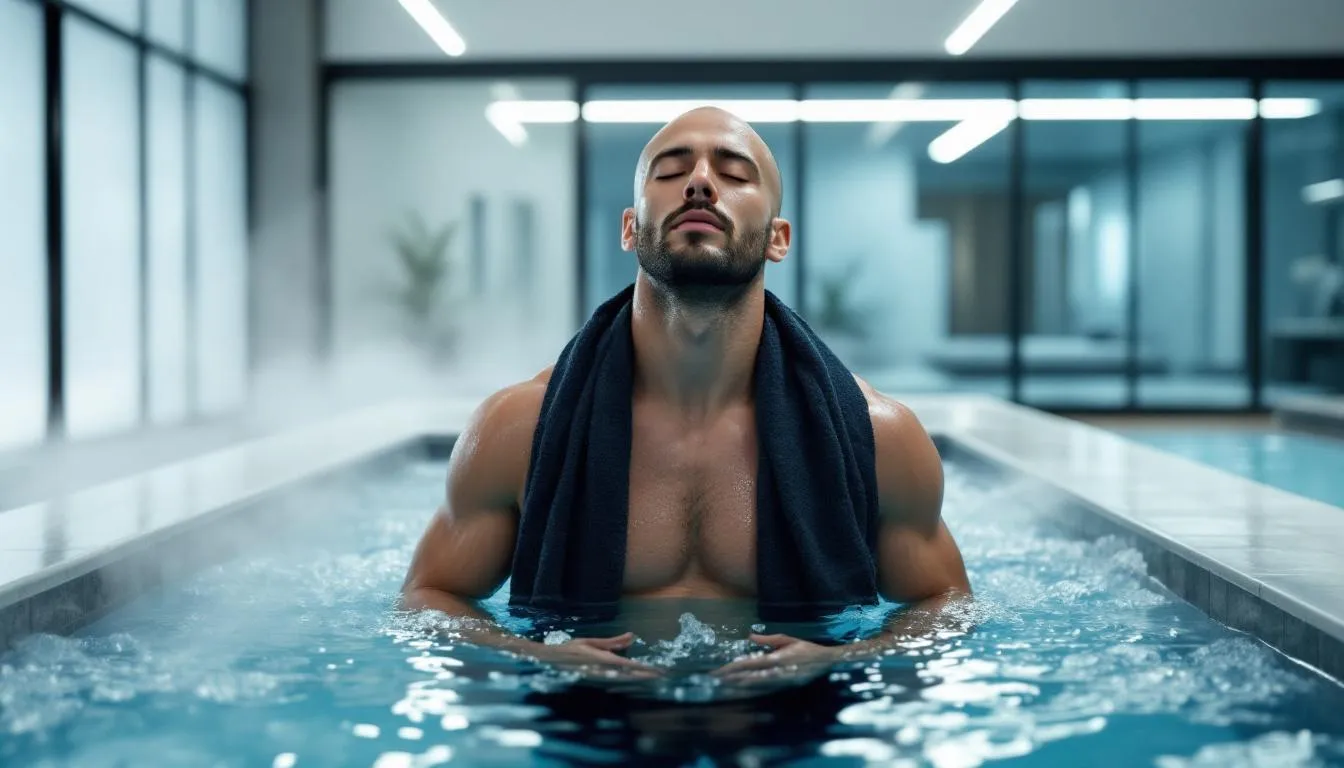 A man is practicing breath control techniques while immersed in a cold plunge, demonstrating the benefits of cold water immersion for mental clarity and stress reduction. His focus on deep diaphragmatic breathing highlights the connection between cold exposure and improved emotional control, enhancing his meditation practice in this challenging environment.