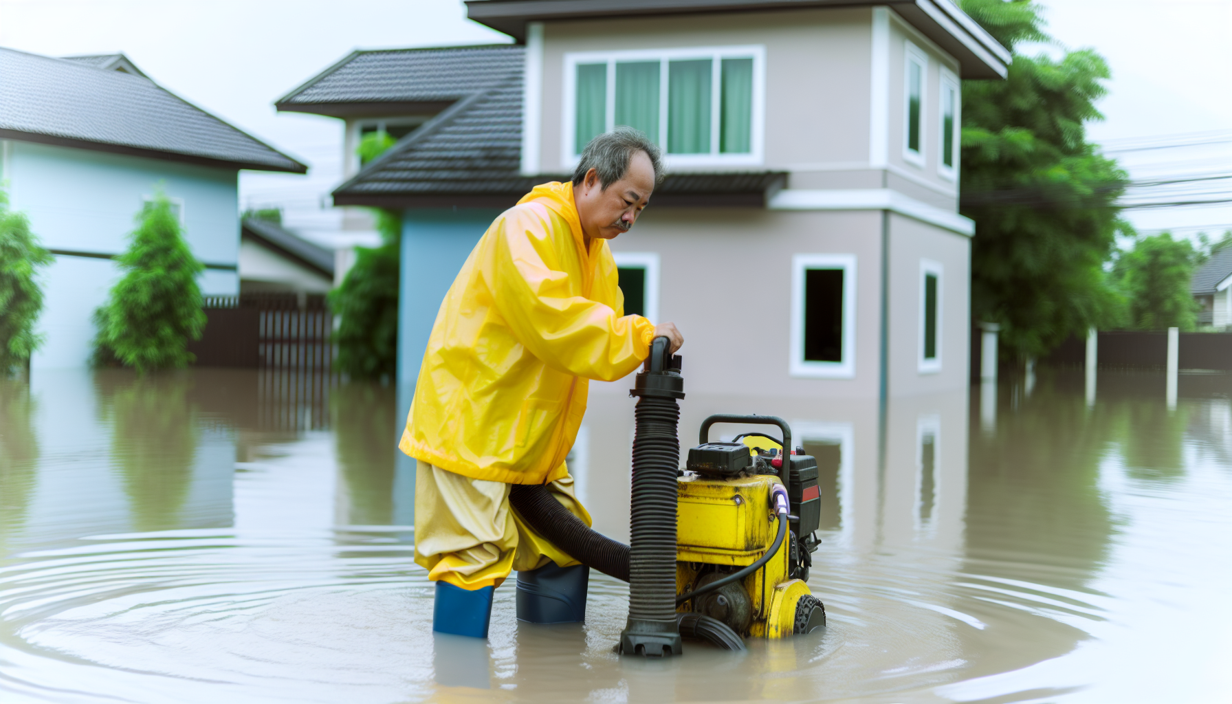 A person wearing waterproof boots while extracting standing water from a flooded area