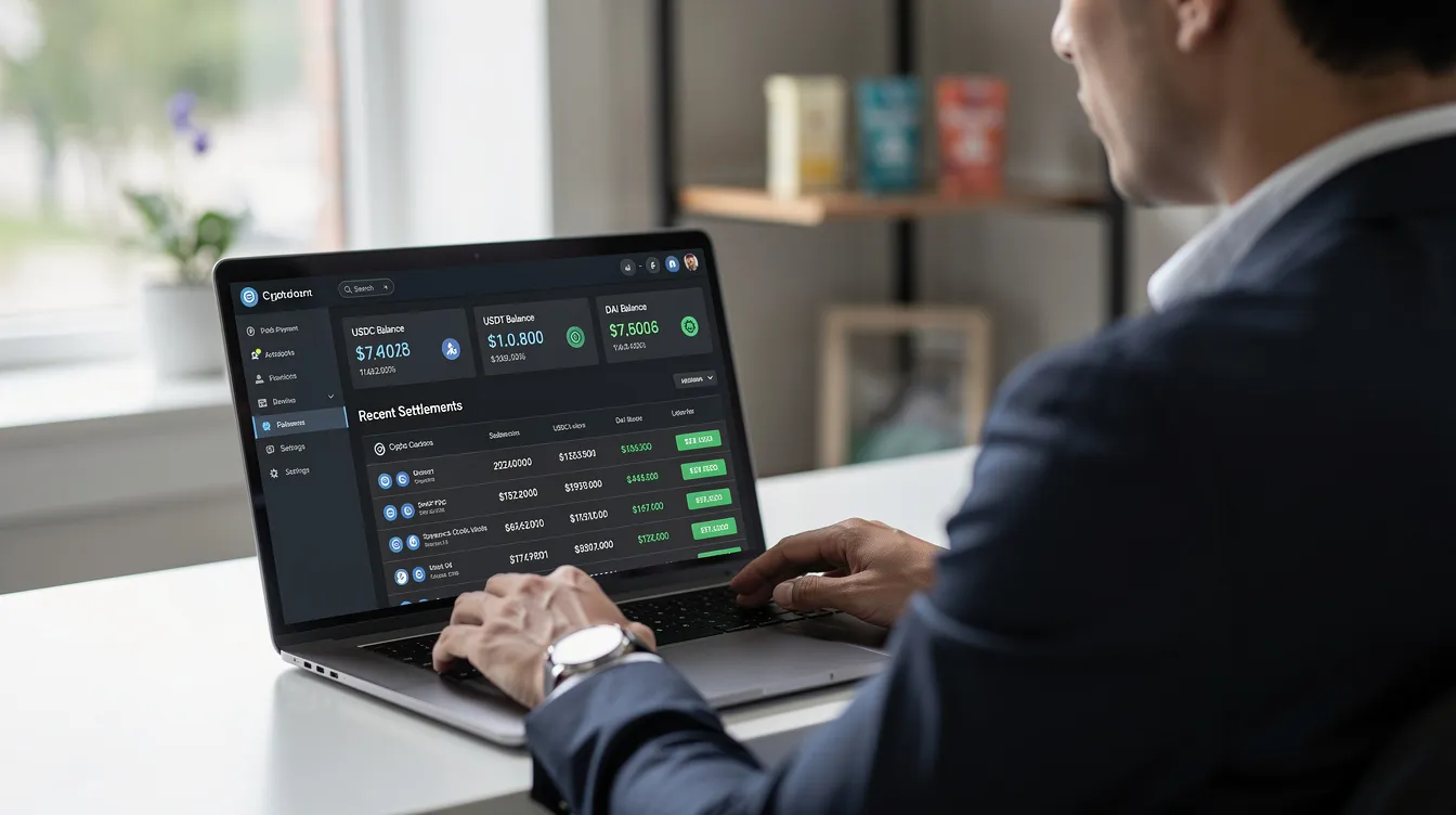 A merchant is seated at a desk, intently reviewing a laptop screen that displays various stablecoin balances related to crypto payments. The interface suggests insights into payment processing and settlement, highlighting the advantages of using a crypto payment gateway for accepting customer payments efficiently.