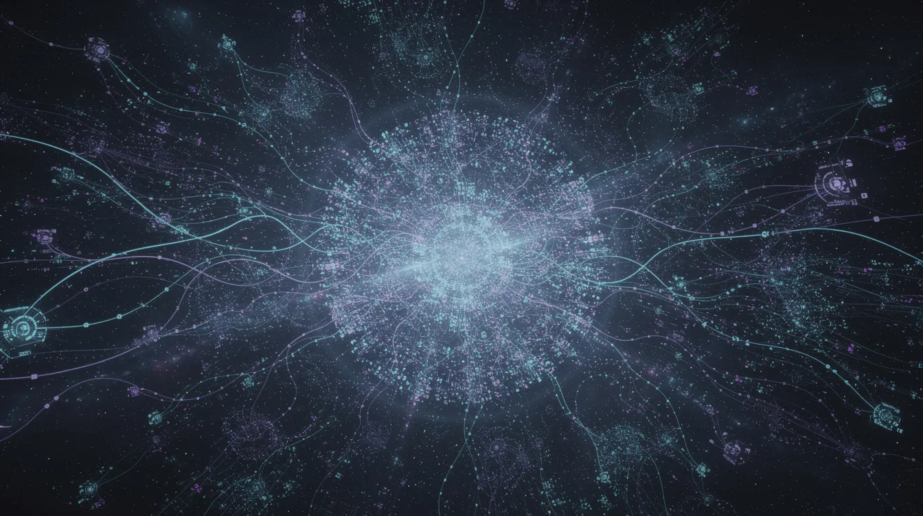 The image depicts an abstract visualization of interconnected glowing nodes and pathways, symbolizing a neural network processing information in an AI system. This representation captures the complexity of machine learning and deep learning, reflecting the intricate relationships and data flow essential for model training and problem-solving in AI engineering.