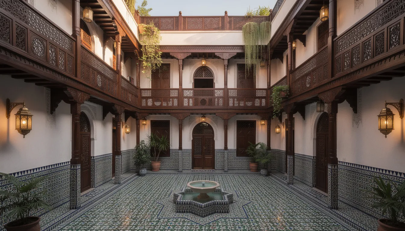 The image depicts the interior of a traditional Moroccan riad, showcasing a multi-level arrangement of rooms surrounding a central courtyard filled with lush greenery and a fountain. Traditional wooden balconies and intricately carved screens enhance the space, reflecting the rich artistic heritage and architectural beauty of Moroccan culture.