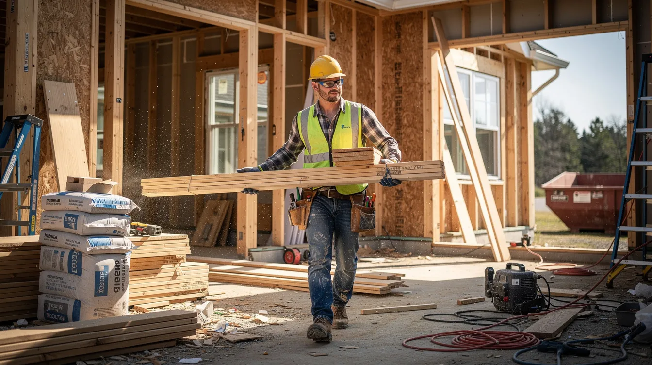 A construction worker is seen entering a partially renovated house, carrying building materials such as lumber and tools. This image reflects the ongoing home improvements that can increase the home's value and potentially impact a homeowner's equity line of credit or home equity loan options.