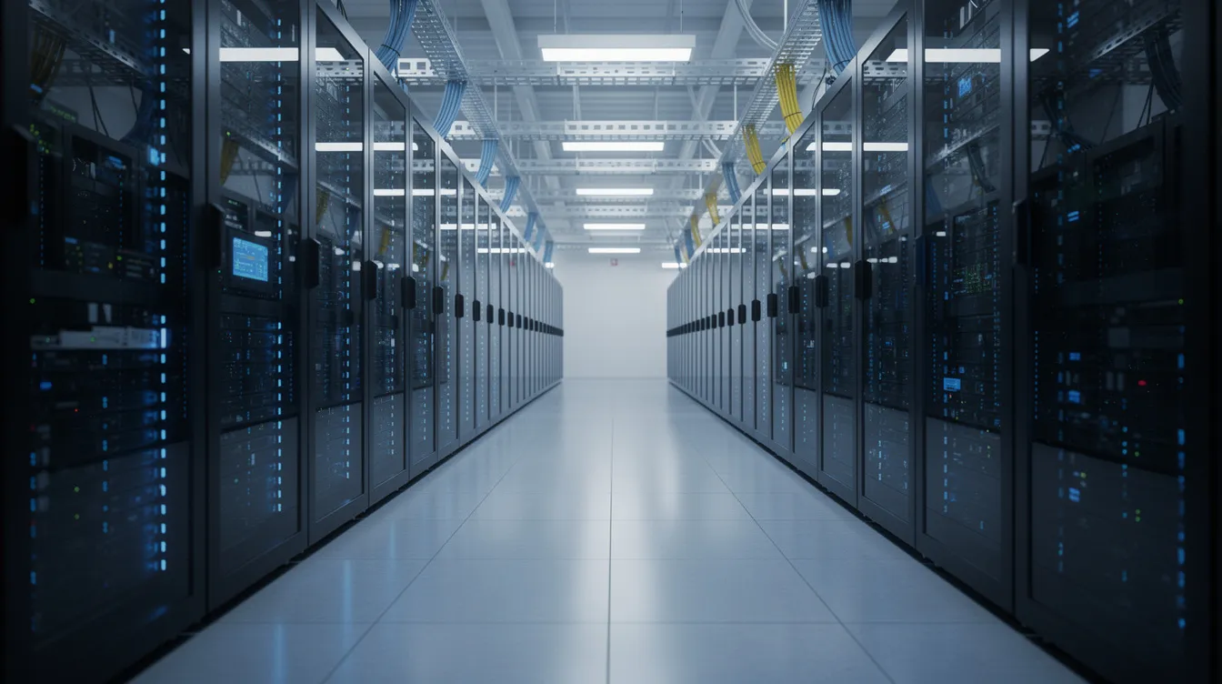 The image depicts a modern data center featuring rows of server racks, each illuminated by blue LED lights, showcasing a high-tech environment ideal for hosting services. This setup emphasizes the efficiency and performance of web hosting solutions, such as free trial services and professional email accounts, essential for small businesses and online stores.