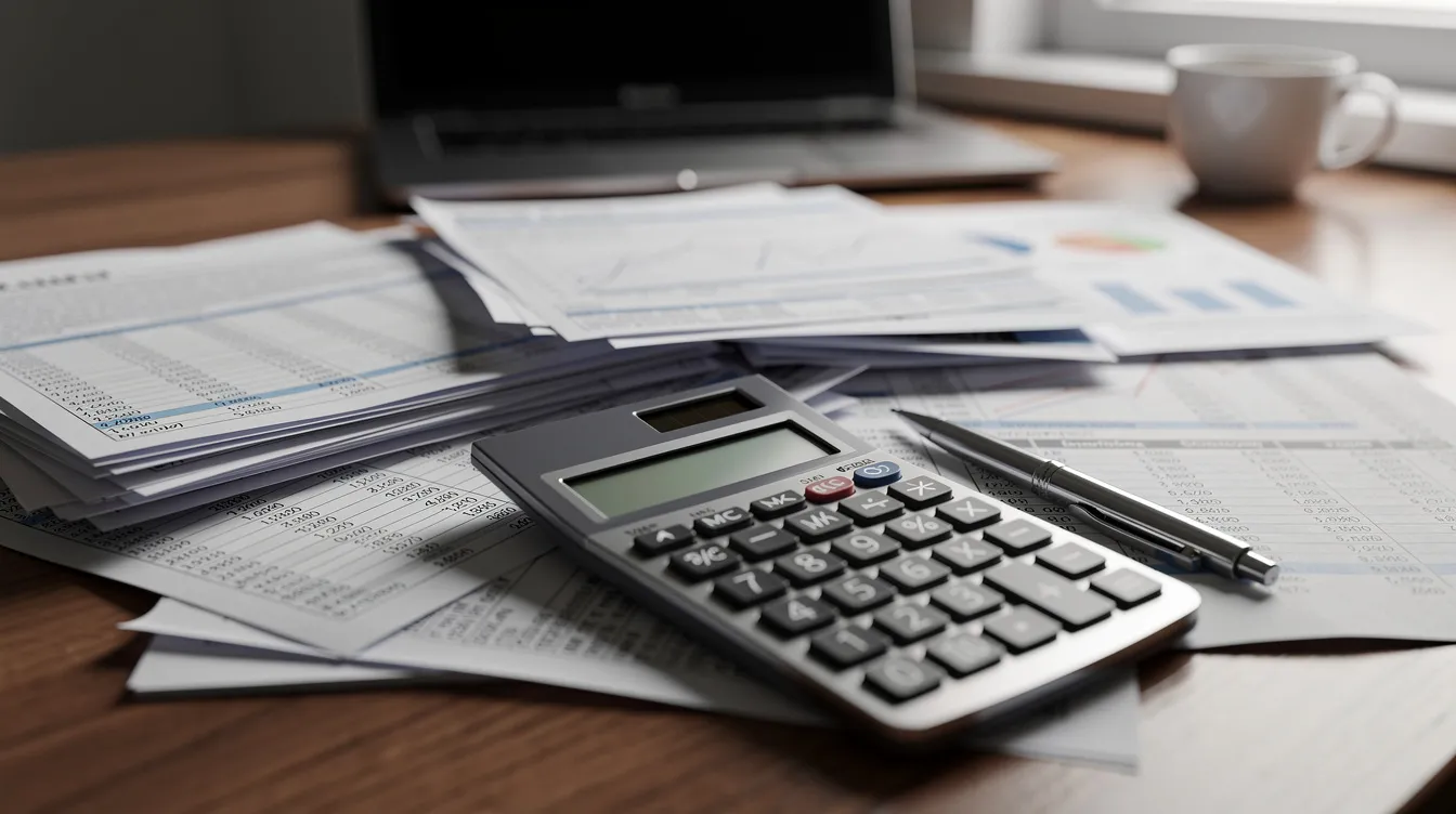 A stack of financial documents, including bank statements, is spread across a desk alongside a calculator and a pen, symbolizing the importance of maintaining accurate financial records in managing partnership disputes and business litigation. This scene highlights the need for well-drafted partnership agreements to resolve disputes effectively.