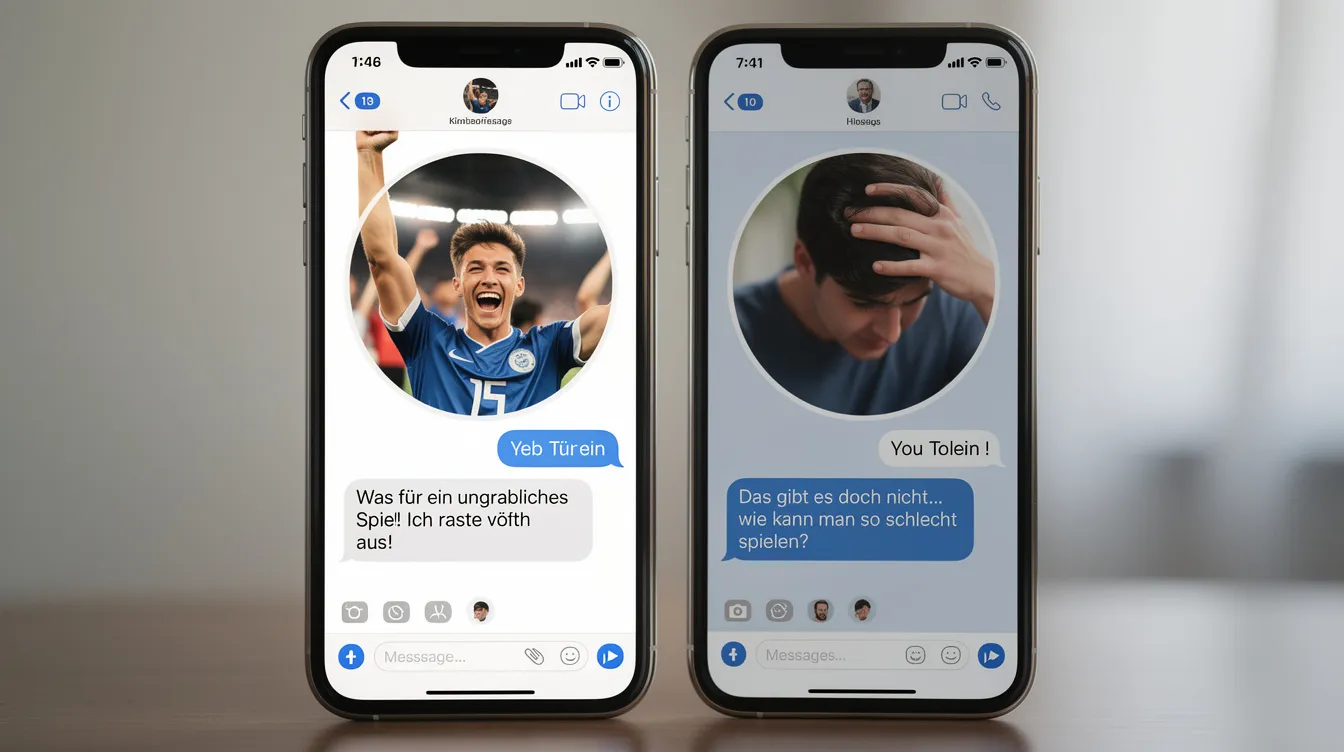 Zwei nebeneinander stehende Smartphone-Bildschirme zeigen unterschiedliche Sichtweisen auf ein Sportereignis: Eine Person jubelt begeistert, während die andere frustriert den Kopf schüttelt. Diese Szenen verdeutlichen die subjektiven Meinungen und Gefühle der Menschen in Bezug auf das Spiel.