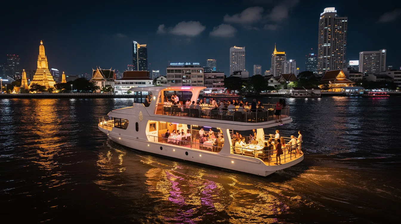 A imagem mostra um cruzeiro pelo rio Chao Phraya em Bangkok, com vistas deslumbrantes dos templos budistas, como o Wat Arun e o Grand Palace, ao fundo. A cena captura a essência da vida noturna tailandesa, com barcos iluminados e a movimentação das pessoas desfrutando da gastronomia local e do transporte público, como os famosos tuk tuks.