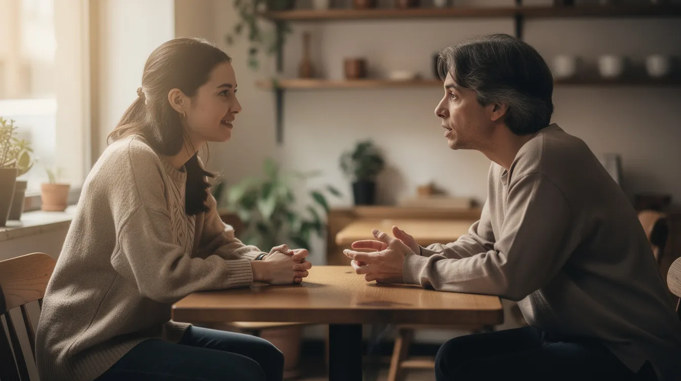 Zwei Personen sitzen sich gegenüber und führen ein ruhiges Gespräch, wobei eine Person aufmerksam zuhört. Diese Szene verdeutlicht die Bedeutung von Kommunikation und die Fähigkeit, Gefühle und Emotionen im Kontext zwischen Menschen auszudrücken.