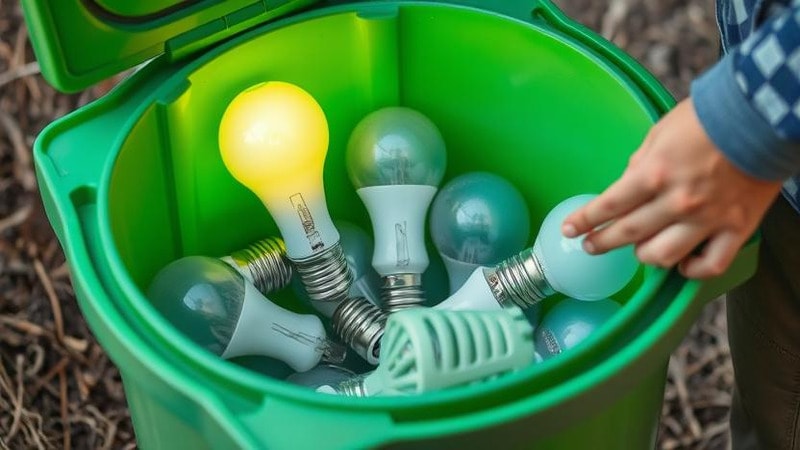 A person carefully disposing off dluorescent bulbs in a recycling bin