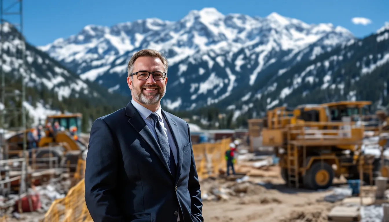 An Idaho workers compensation lawyer stands on a construction site in Idaho Springs, Colorado, with a scenic mountain backdrop. The attorney is engaged in discussions with injured workers about their workers compensation claims, emphasizing the importance of understanding their rights and benefits after a workplace injury.