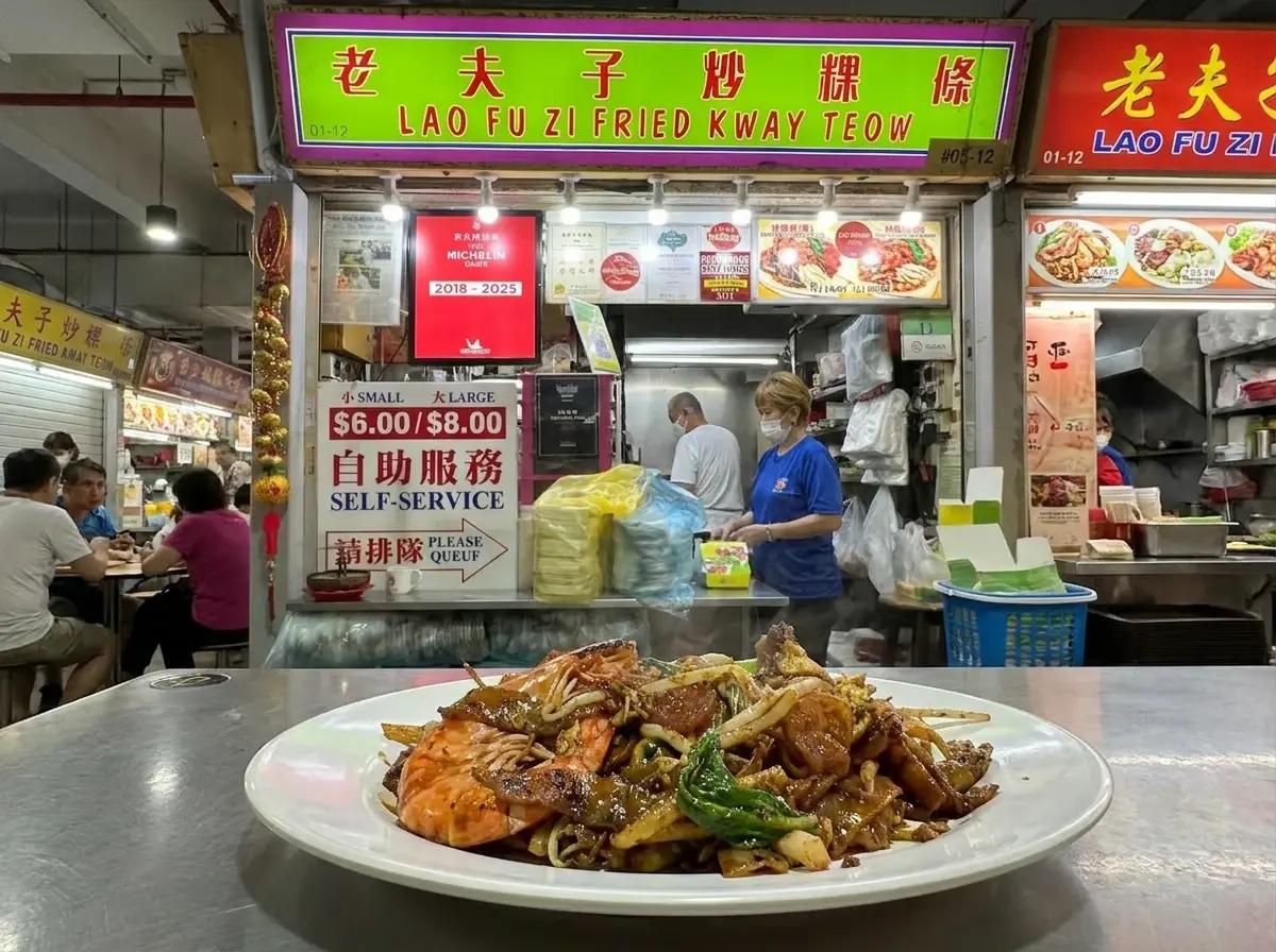 "A large white plate of stir-fried Char Kway Teow with prawns and greens on a metallic table, in front of the 'Lao Fu Zi Fried Kway Teow' hawker stall."