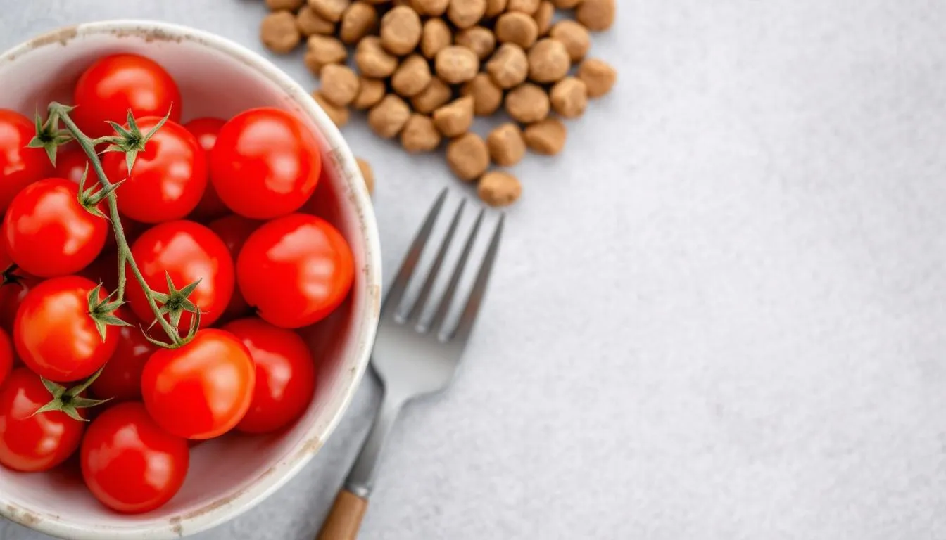 Na obrazku widoczna jest miska z czereśniami bez pestek, która znajduje się obok miski z karmą dla psa. Czereśnie, jako zdrowa przekąska, mogą być podawane psu, jednak należy pamiętać o usunięciu pestek, aby uniknąć problemów zdrowotnych.