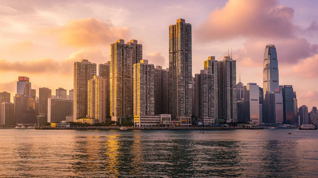 The image captures the stunning Hong Kong skyline at sunset, featuring modern residential buildings illuminated by the warm glow of the setting sun. This vibrant scene reflects the dynamic urban landscape of Hong Kong, where residents may seek options like 私人 貸款 or 大 額 貸款 to finance their homes.