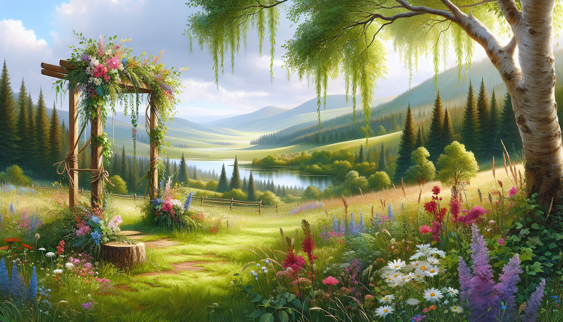 A scenic outdoor wedding venue amidst nature.