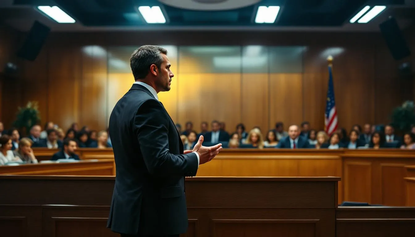 A courtroom scene depicting a defense lawyer presenting a case.