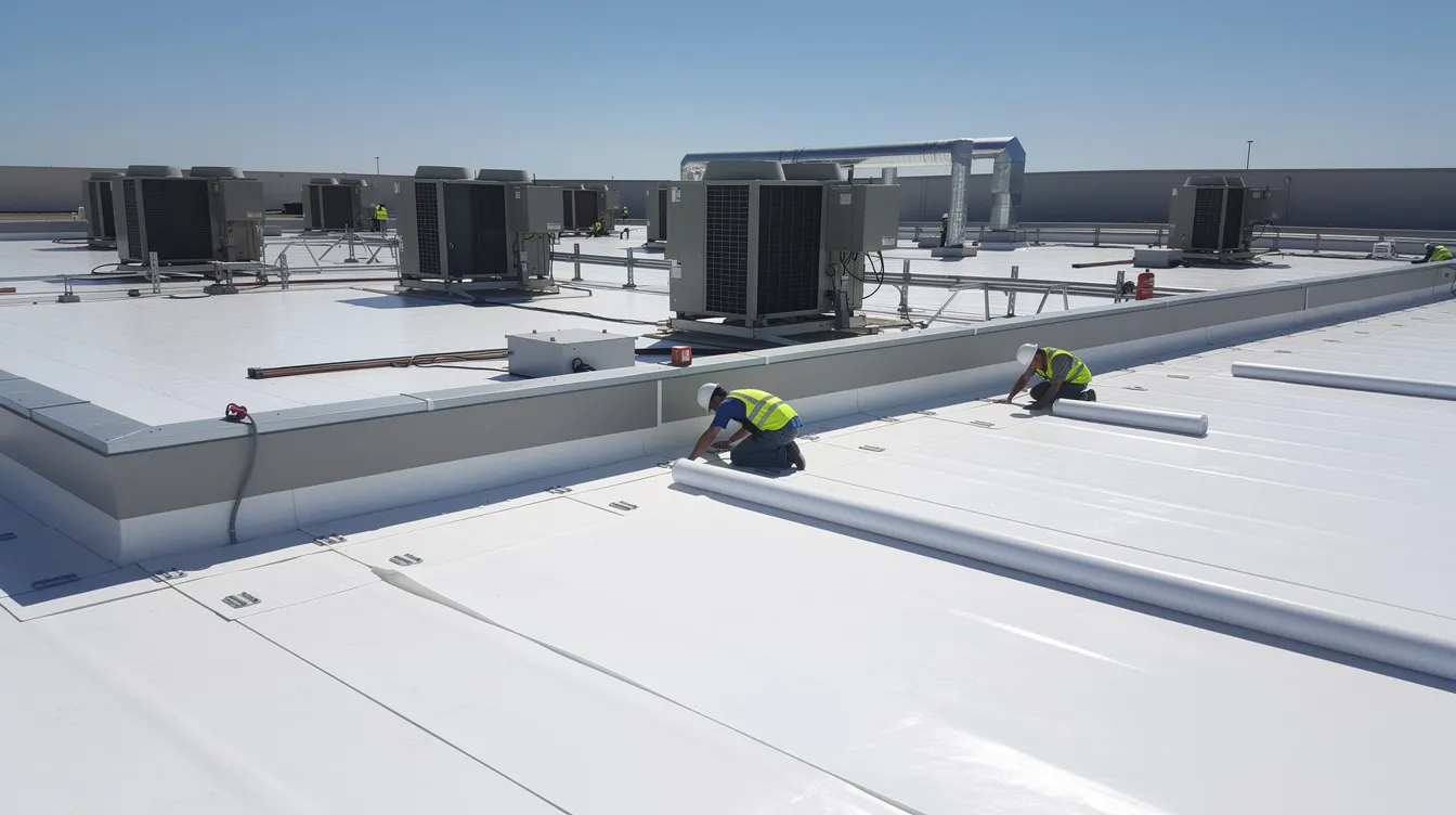 The image depicts a commercial building rooftop featuring a newly installed white reflective cool roof membrane, designed to enhance energy efficiency and reduce energy costs. In the background, HVAC equipment is visible, highlighting the integration of energy-efficient systems in compliance with California energy code standards.