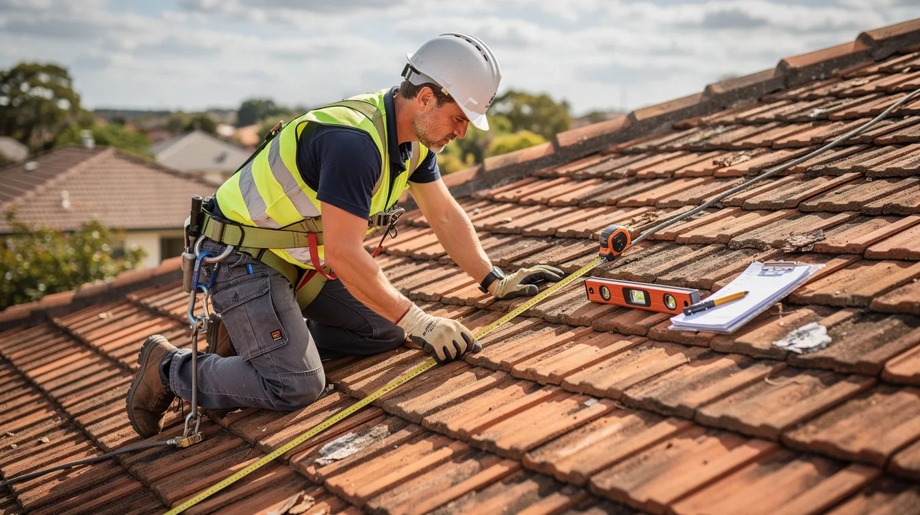 Un professionnel inspecte une toiture en tuiles à l'aide d'outils de mesure, veillant à la solidité de l'ouvrage et à l'étanchéité, éléments essentiels pour garantir la sécurité des bâtiments. Cette inspection est cruciale pour prévenir des infiltrations d'eau et s'assurer que les travaux respectent les normes de construction, notamment en matière de garantie décennale.