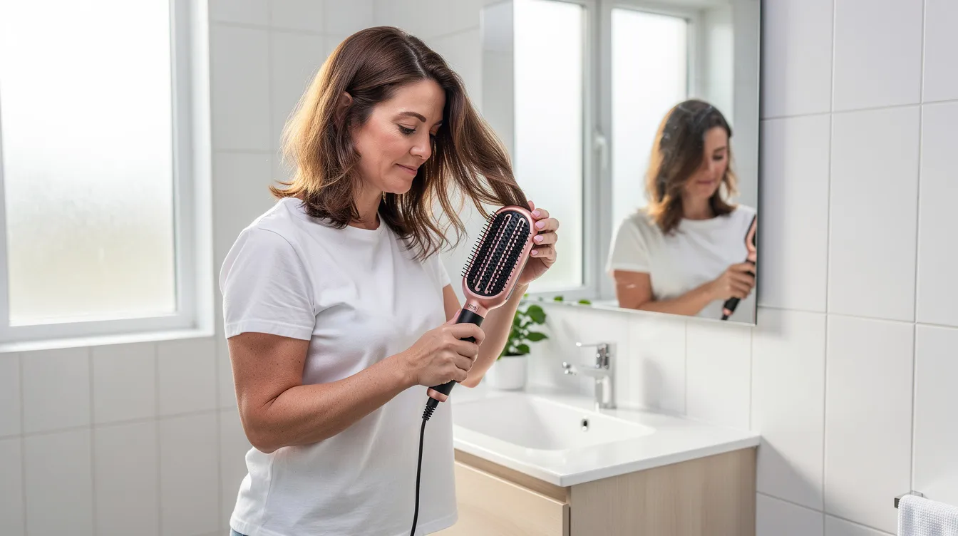 A woman is using an oval hot air brush in a bright, modern bathroom to style her shoulder-length hair, creating loose curls with a sleek finish. The hair dryer brush features rounded edges and tufted bristles, allowing for even heat distribution and adding volume while minimizing frizz.