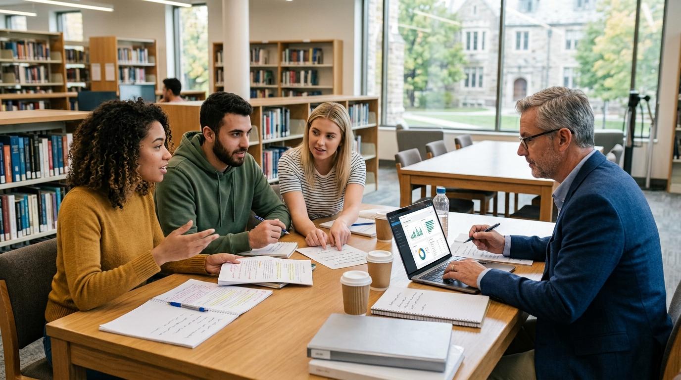 University professor using AI to assess digital assignments while students discuss and revise essays together around a table, clean educational environment.