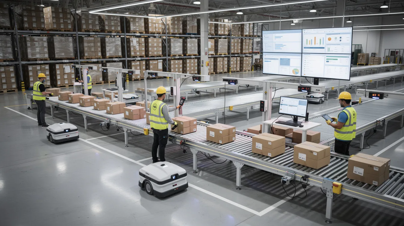 Billedet viser et moderne lager med automatiserede transportsystemer, hvor medarbejdere aktivt håndterer driften. Denne opsætning fremhæver integrationen mellem supply chain-automatisering og robotic process automation og viser effektiviteten i nutidens processer i forsyningskæden.