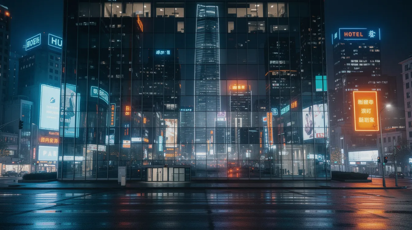 Die nächtliche Skyline einer asiatischen Großstadt spiegelt sich in einer modernen Glasfassade, während Neonlichter in Blau und Orange einen dramatischen Kontrast erzeugen. Diese Szene könnte direkt aus einem spannenden James Bond Abenteuer stammen, in dem Agent 007 durch die pulsierende Metropole jagt.