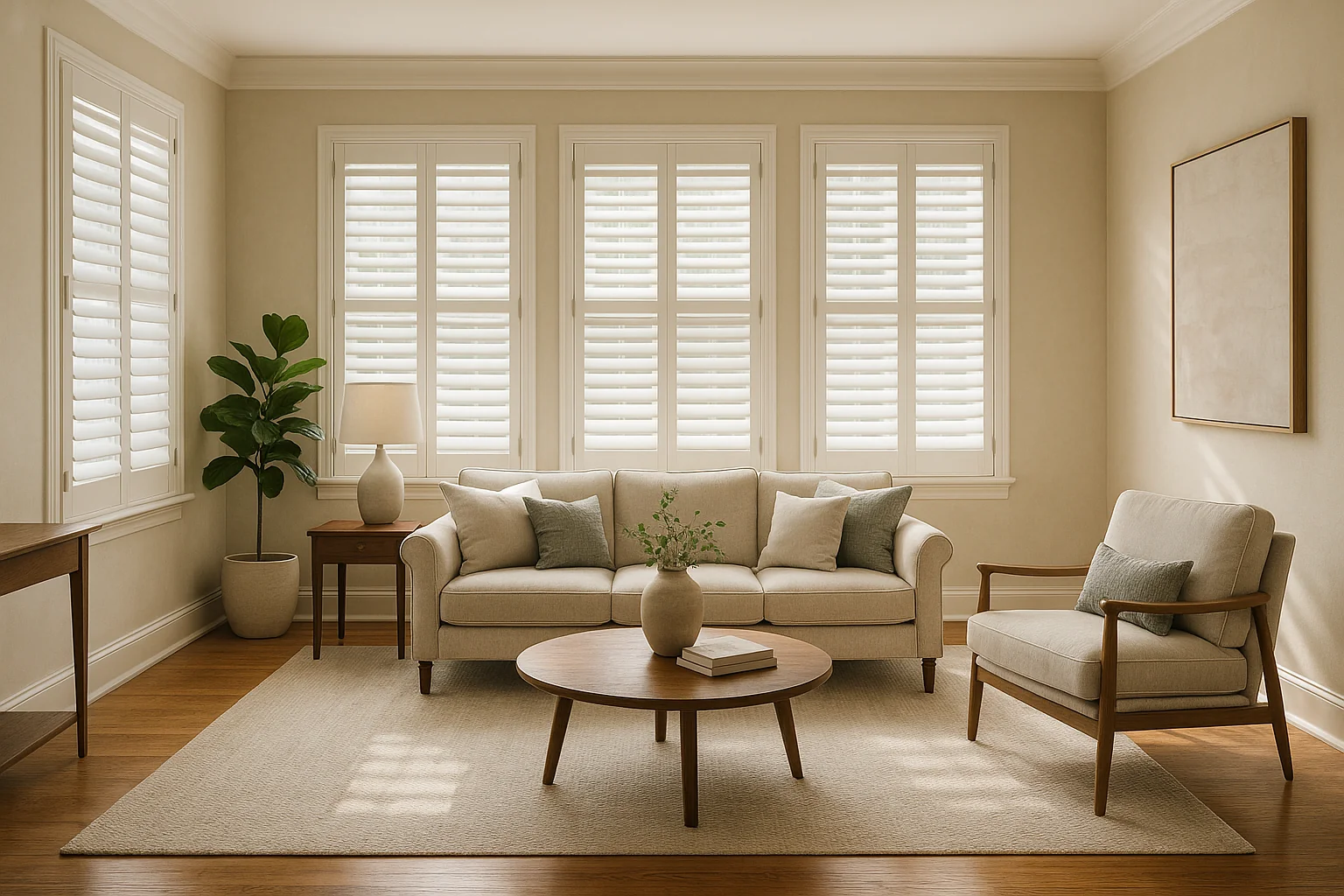 "Living room completed with made-to-measure plantation shutters and modern decor"