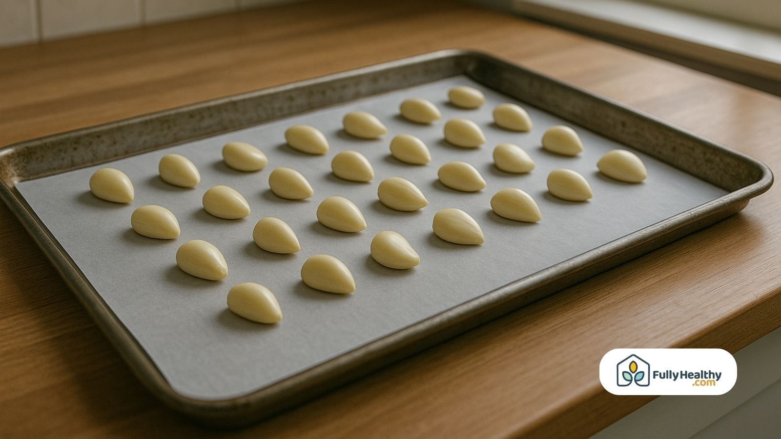 Garlic cloves arranged neatly on a parchment-lined baking sheet.