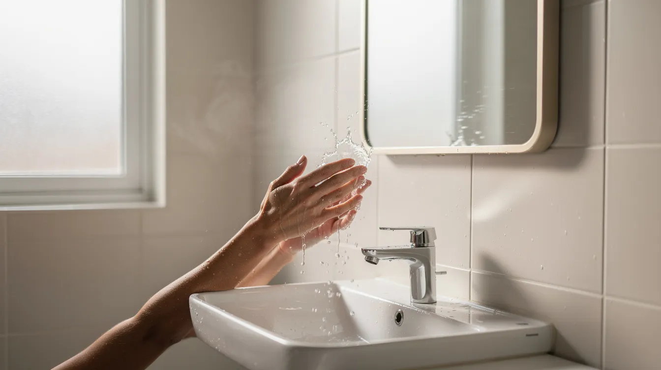A person is gently splashing lukewarm water on their face in a clean, minimal bathroom, focusing on maintaining hydration for their skin. This action helps to hydrate dry and sensitive skin, promoting a healthy glow and supporting the skin's moisture barrier.
