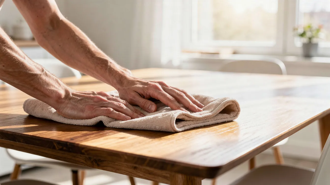 Twee handen reinigen een eikenhouten tafel met een lichte, vochtige doek in een lichte eetkamer. De zachte doek wordt in cirkelvormige bewegingen gebruikt om het oppervlak schoon te maken en de natuurlijke schoonheid van de tafel te behouden.
