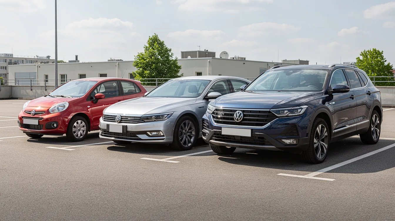 Een compacte stadsauto, een sedan en een SUV naast elkaar op een parkeerterrein.