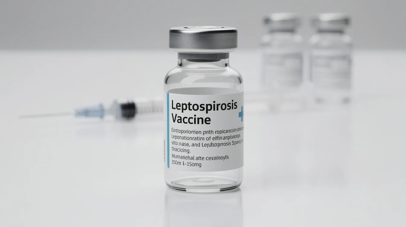 The image shows a bottle of leptospirosis vaccine, designed to help prevent the disease caused by leptospira bacteria, which can be transmitted through contaminated water or soil from infected animals. This vaccine is crucial in disease control efforts, particularly in areas with high exposure risk to wild and domestic animals.