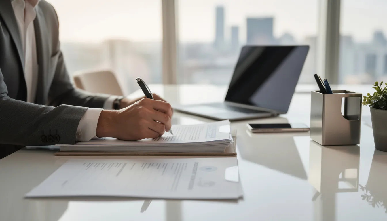 Une personne est assise à un bureau moderne, signant des documents officiels liés à son expatriation à Dubaï, dans les Émirats arabes unis. L'environnement est lumineux et professionnel, reflétant le dynamisme de la ville et les formalités nécessaires pour vivre et travailler dans cette destination prisée.