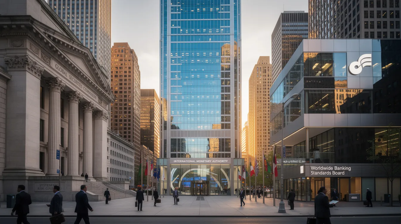 The image depicts a skyline of towering buildings in a global financial district, symbolizing international regulatory bodies that oversee forex trading. These structures represent the oversight of leveraged forex trading and the management of substantial market positions by forex traders and brokers.