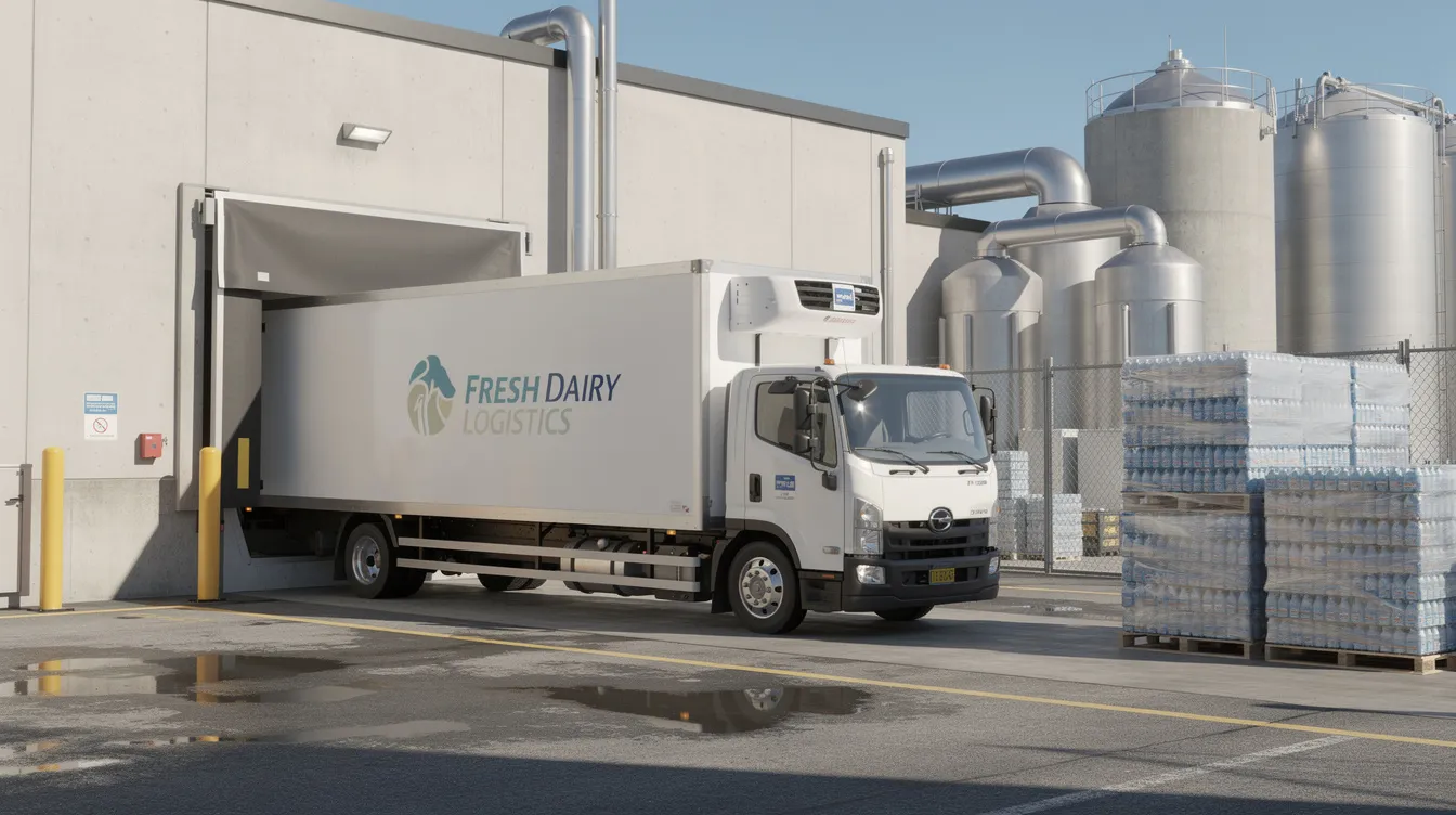 d28b1a8d 5049 4fae 9565 247437f69f8f A refrigerated delivery truck is parked at a loading dock of a dairy plant, ready to transport raw milk and dairy beverages. The scene highlights the logistics involved in dairy processing, emphasizing the importance of efficient transportation in meeting consumer demand and supporting national milk production.