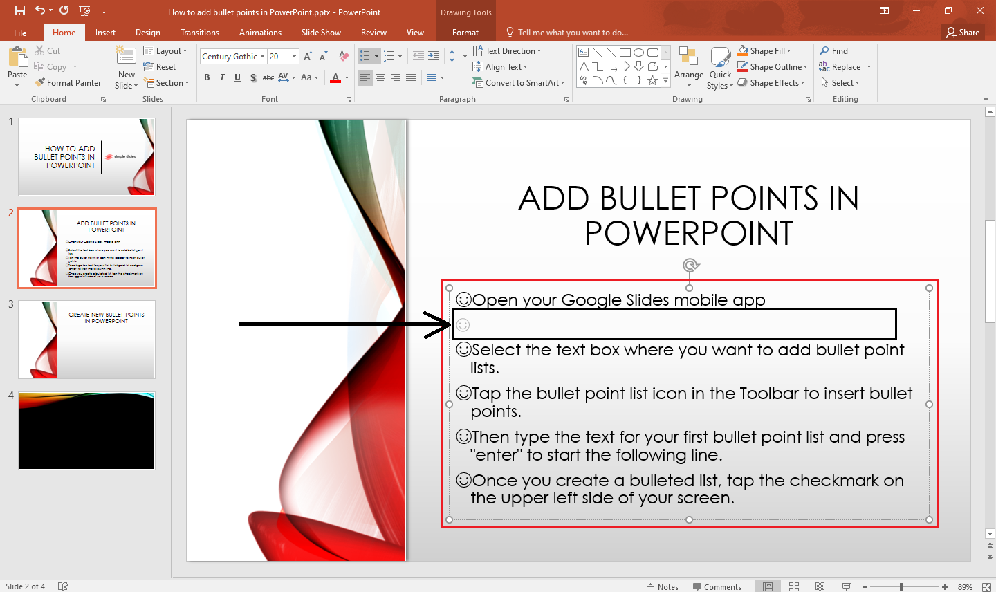 click the next line spacing where you want add sub-bullet point.