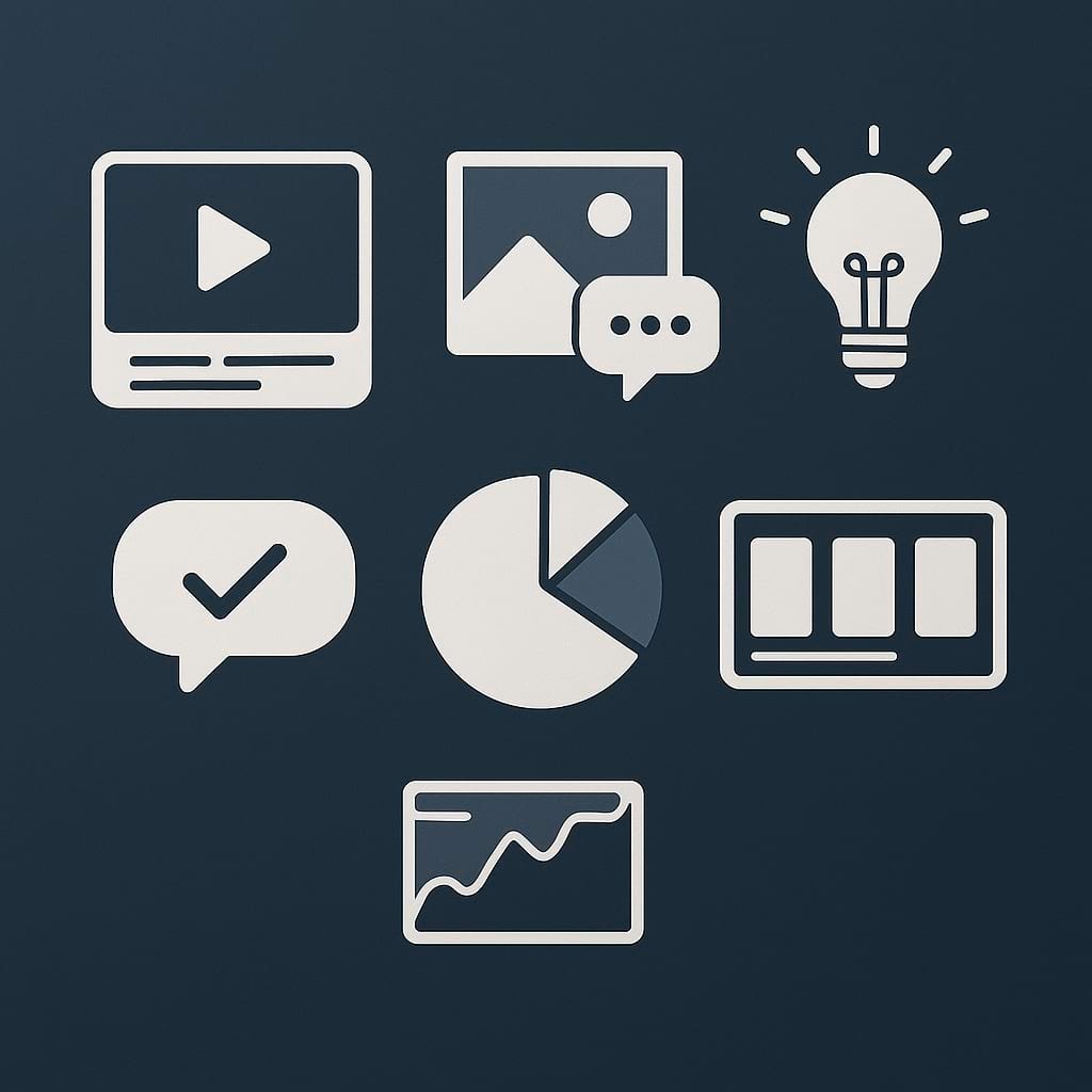 Flat-design illustration showcasing professional social media content types with icons for video production, customer engagement, educational insights, interactive polls, and visual storytelling, styled in a Shutterstock-quality layout with orange and blue accents.